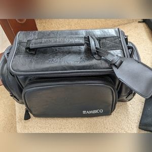 Ambico Black Leather Bag Camera Camcorder Case Pockets & Padded Shoulder Strap